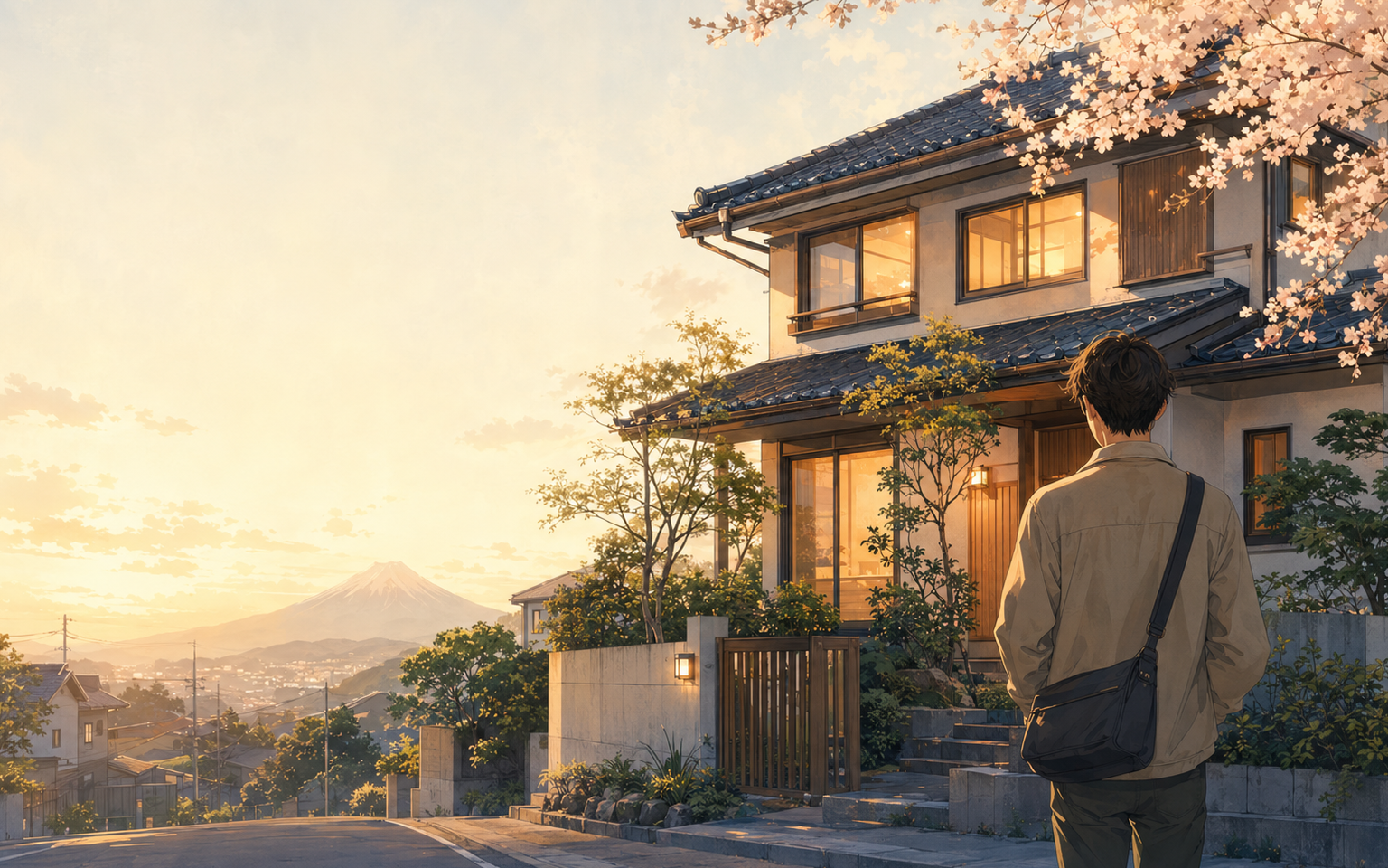 Original anime-style illustration of a traveler discovering a Japanese home